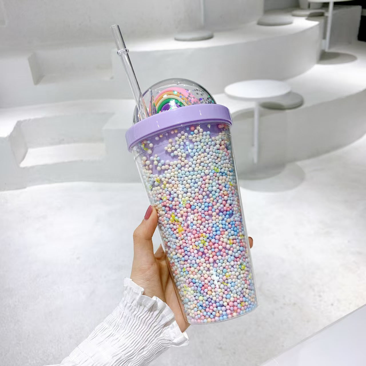 Rainbow Bubble Straw Cup 550ml – Cute Summer Portable PS & Silicone Tumbler with Straw for Girls