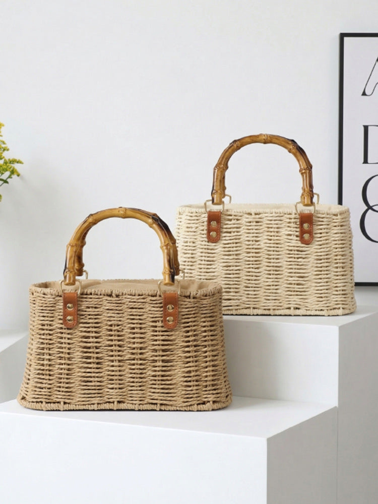 Minimalist Woven Straw Mini Square Bag – Medium Size Handbag with Stitching Detail