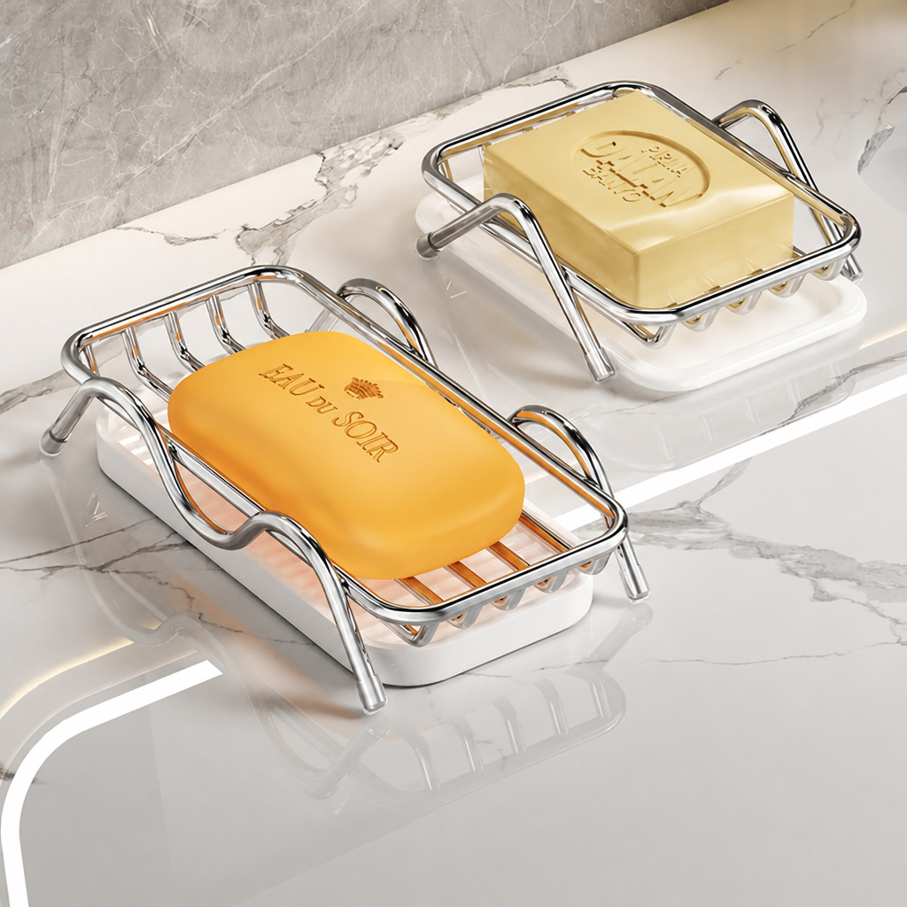 Stainless Steel Soap Dish Holder – Minimalist Soap Rack with Drain Tray, Rust Resistant Bathroom Soap Storage Organizer