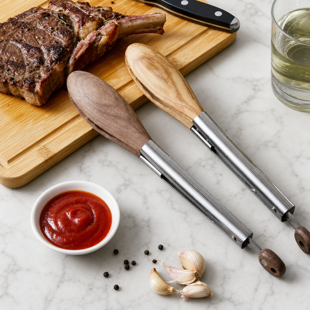 Walnut Wood Food Tongs Stainless Steel Kitchen Serving Tongs