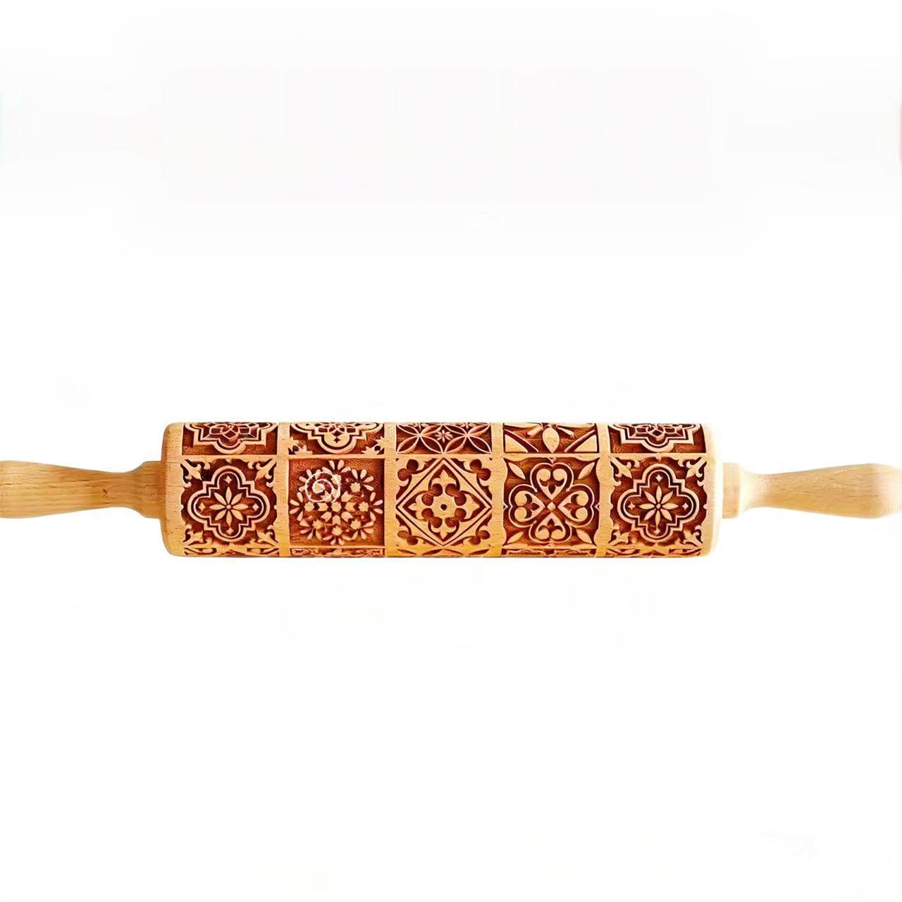 Beech Wood Embossing Rolling Pin – Engraved Cookie Dough Roller for Christmas Baking & DIY Crafts