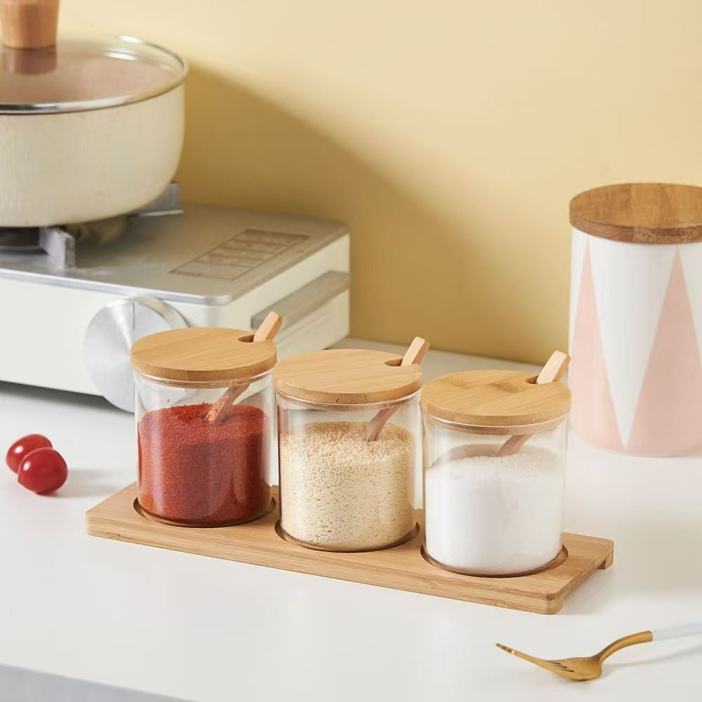Bamboo Glass Spice Jars Set – Natural Kitchen Storage Containers with Wooden Lids & Spoons