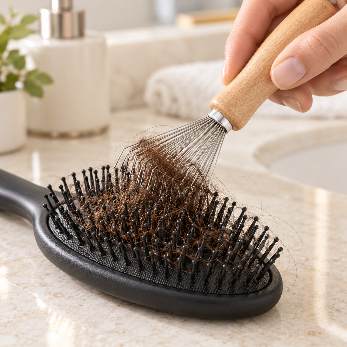Wooden Handle Hairbrush Cleaning Rake – Metal Claw Comb Cleaner for Removing Hair and Lint