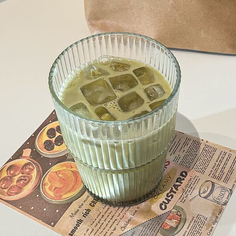 Striped Glass Cup with Lid and Straw 400ML Coffee Water Cup