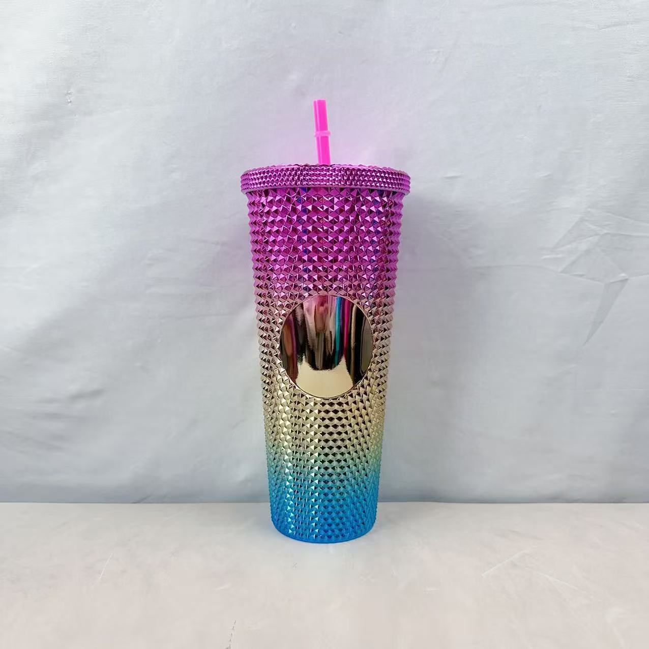 Colorful 24oz Plastic Tumbler With Straw Double Wall Insulated Cup Electroplated Finish Portable