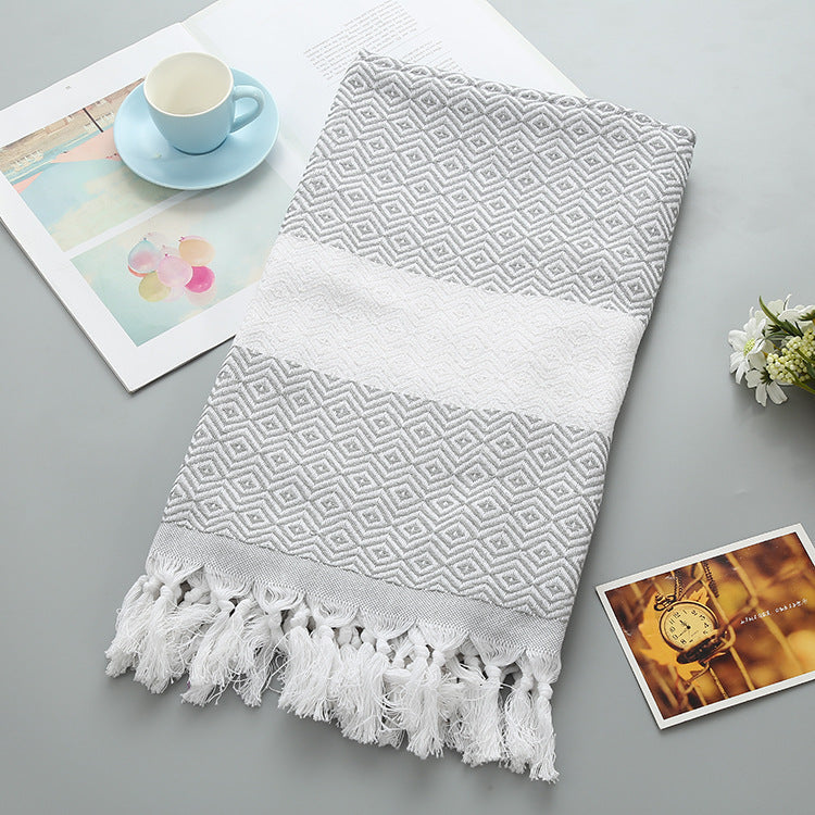Cotton Turkish Beach Towel With Diamond Pattern Tassel Fringe Boho Swim Towel Picnic Blanket 1x1.8m