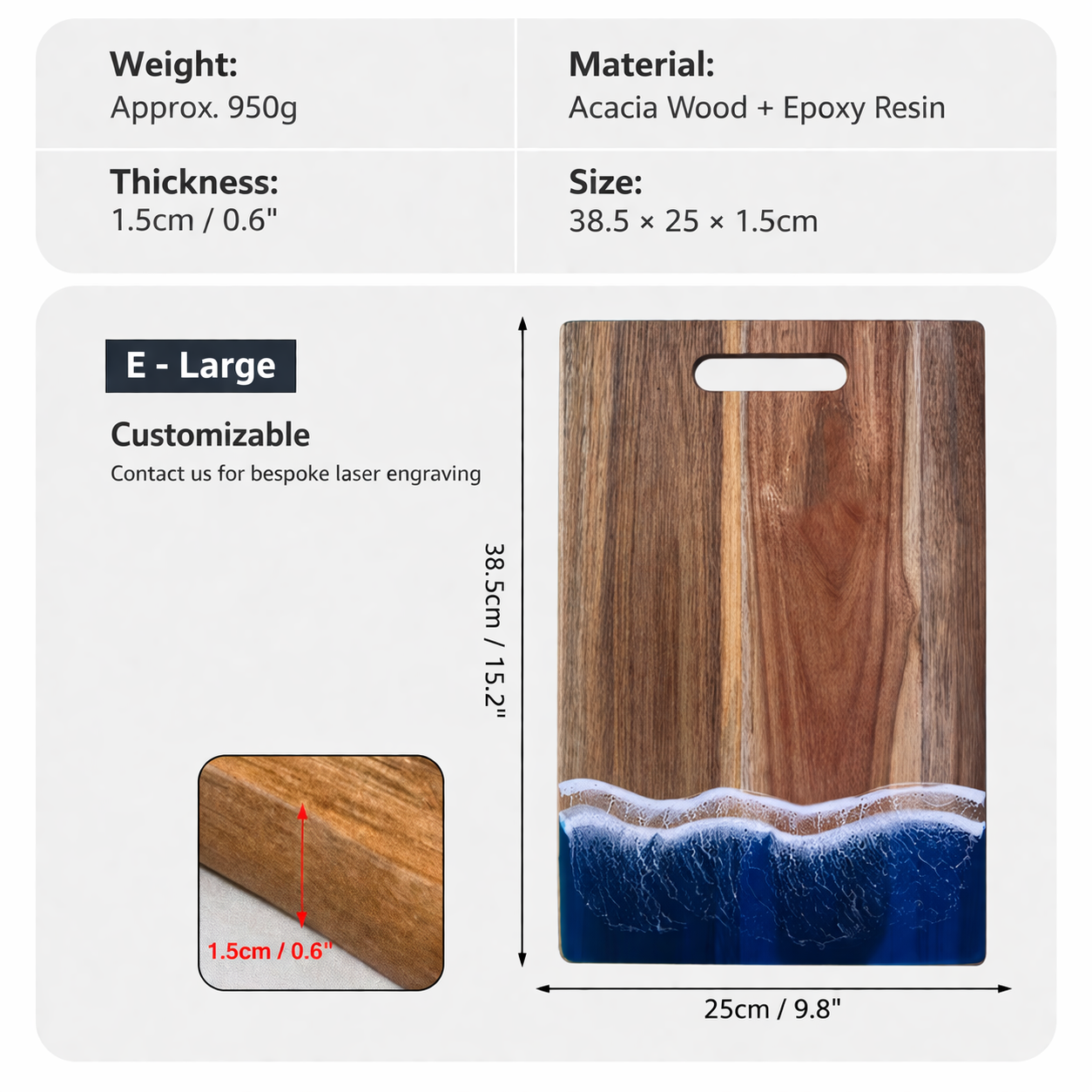 Blue Ocean Resin Rectangular Cutting Board with Hanging Hole Acacia Wood Epoxy Kitchen Serving Board