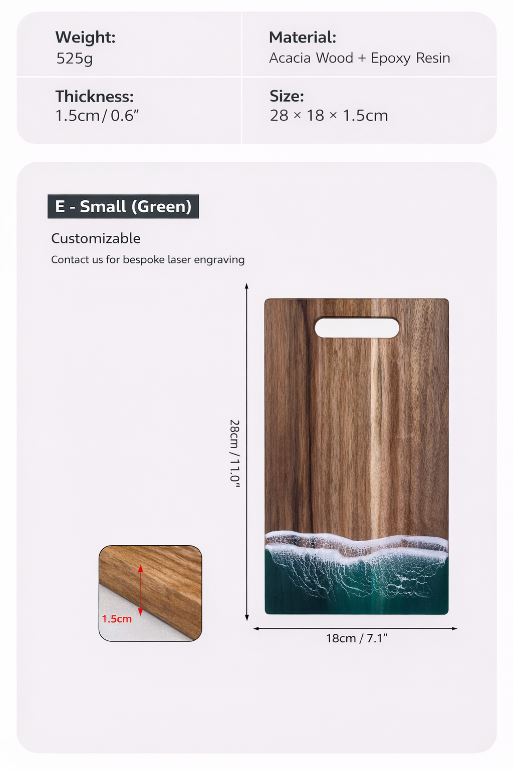 Emerald Green Ocean Resin Rectangular Cutting Board with Hanging Hole Acacia Wood Epoxy Serving Board Kitchen Decor