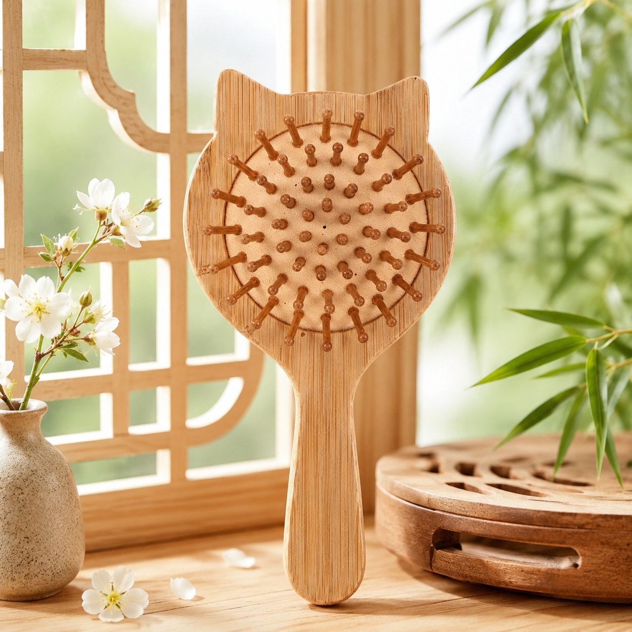 Cat Ear Bamboo Scalp Massage Hair Brush – Rounded Pins Gentle Detangling Wooden Paddle Brush