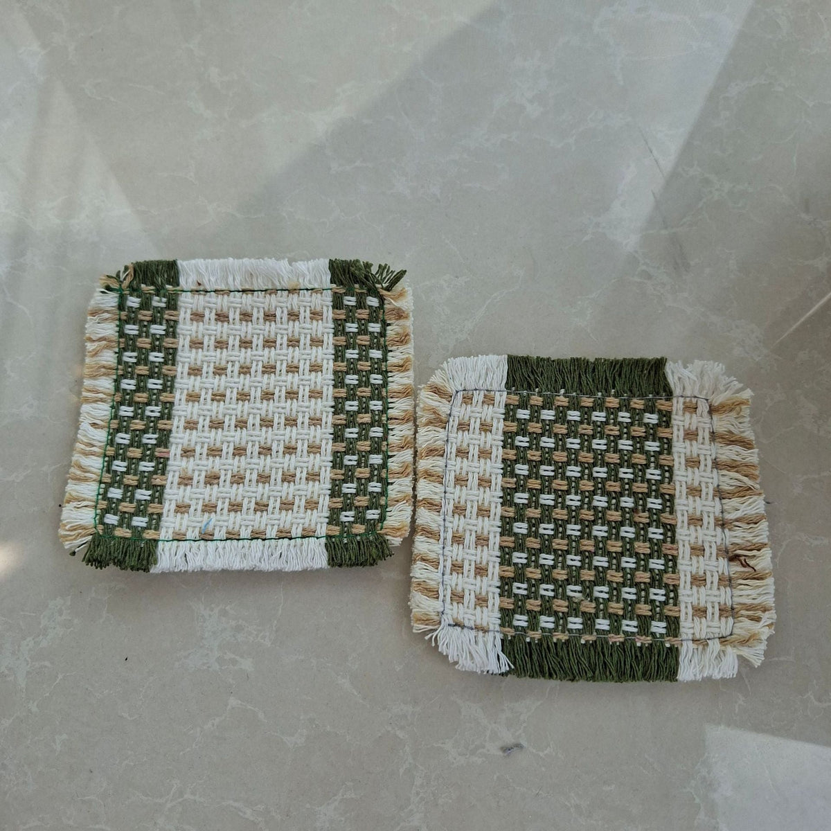Green Woven Cotton Linen Coaster – Square Rustic Drink Mat