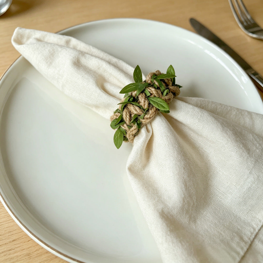 Rustic Jute Napkin Ring with Green Leaves – Braided Farmhouse Table Décor