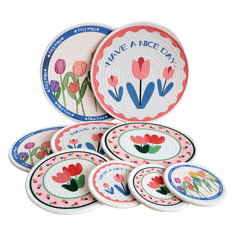 Nordic Tulip Print Woven Cotton Rope Trivet, Heat Resistant Table Mat & Coaster