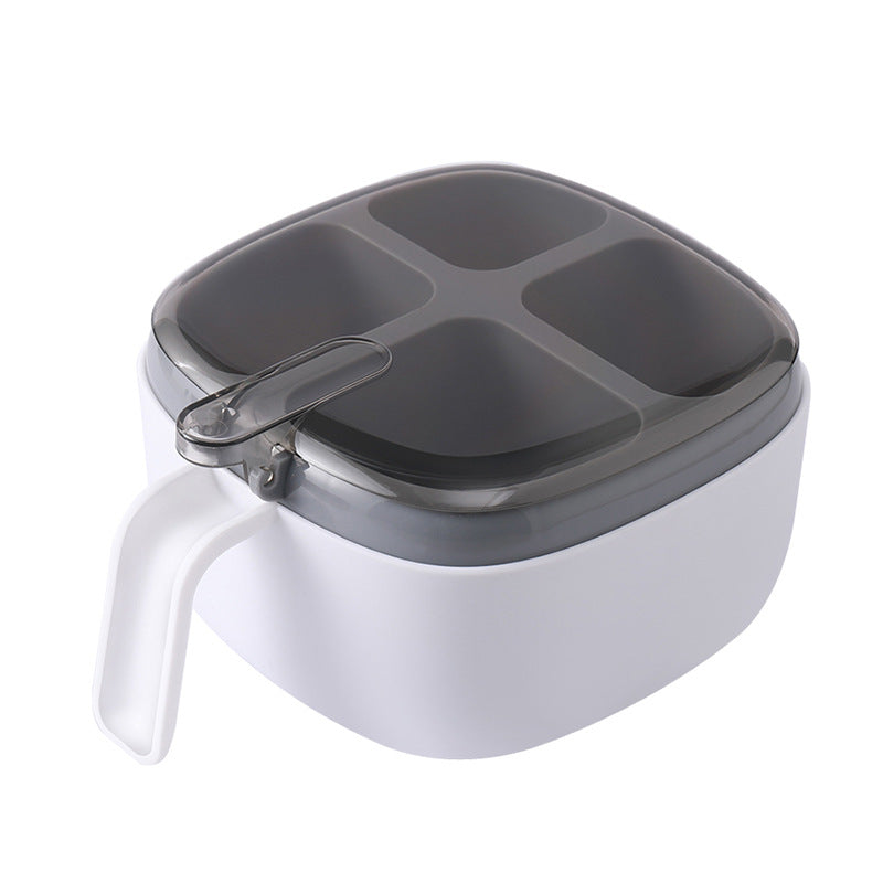 4-Compartment PP Seasoning Box with Lid & 4 Spoons – Portable Condiment Container for Salt, Sugar, Spices, Seasonings & Kitchen Storage