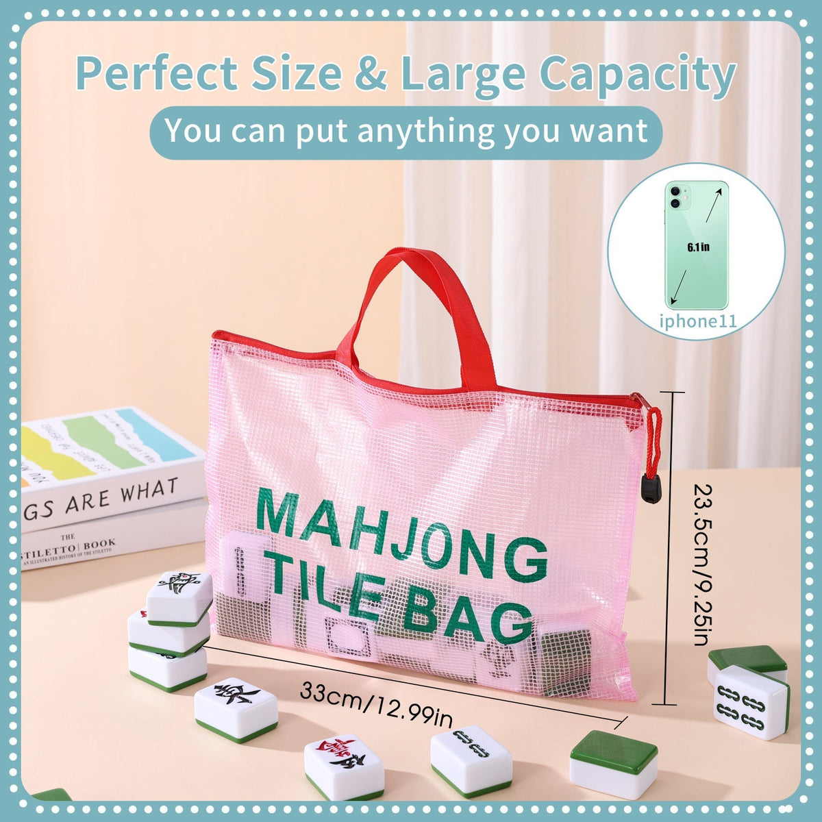 Polyester Mahjong Tile Storage Bag – Large Capacity Zippered Carrying Tote