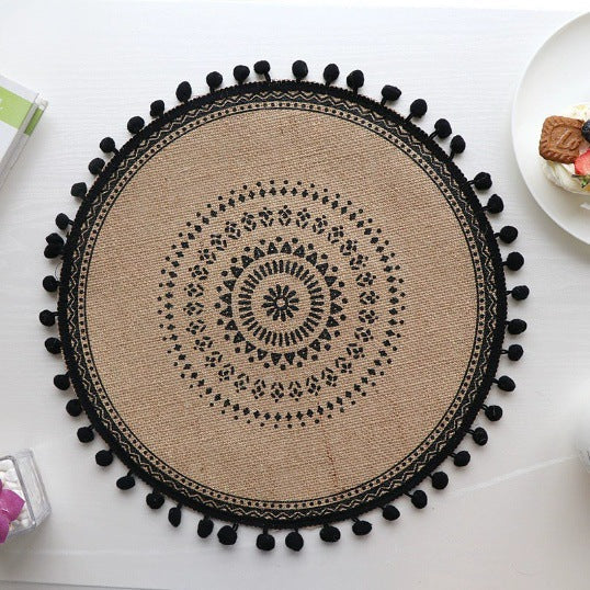 15-Inch Round Jute Placemat – Boho Mandala Printed Table Mat with Fringe, Rustic Farmhouse Dining Décor
