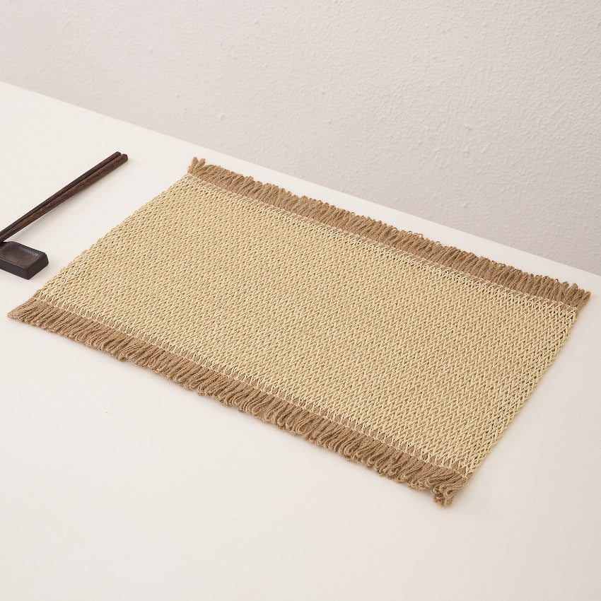 Woven Paper and Flax Grass Placemat with Fringe – Rustic Rectangular Table Mat, Green or Pink, Farmhouse Dining Décor