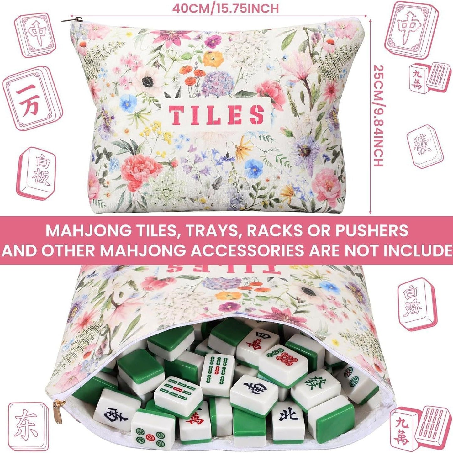 American Mahjong Storage Bag Set, Beige Floral Print 3-Piece Organizer