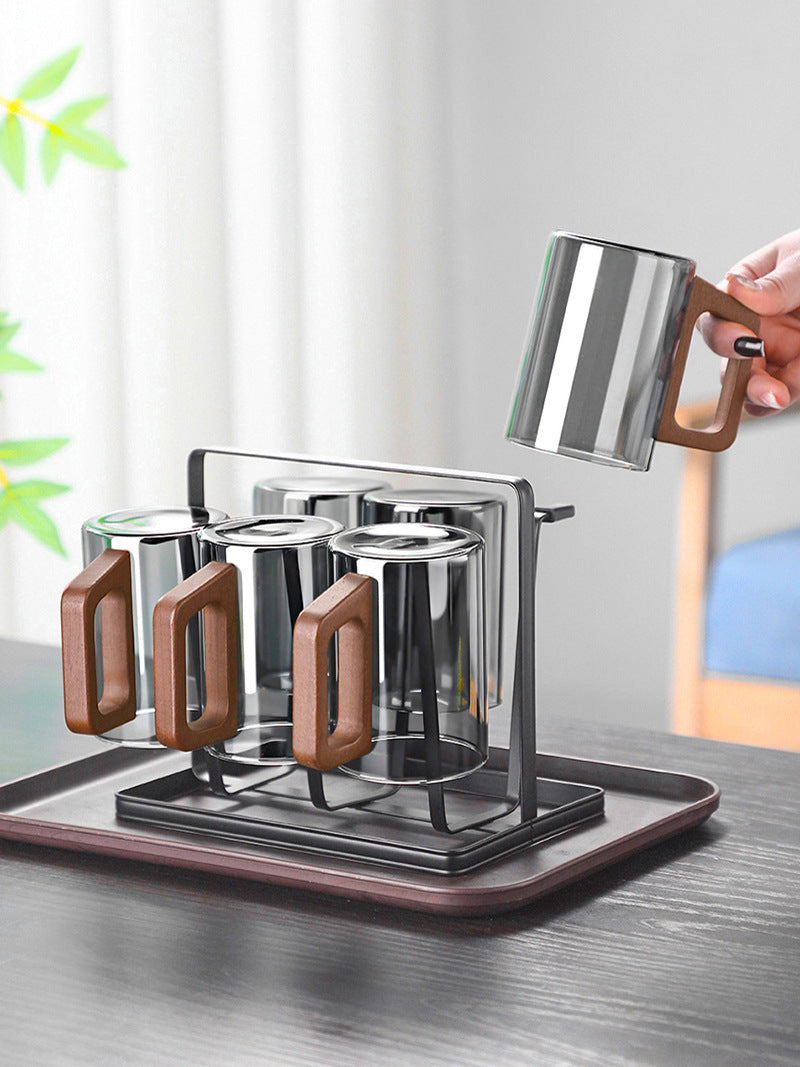 Glass Cups with Holder – 6-Piece 300ml Drinking Glass Set with Storage Rack