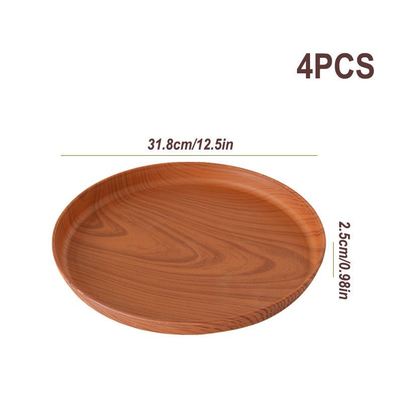 4-Piece Wood Grain Round Serving Tray Set – Lightweight Raised Edge Food Plates for Dining, Snacks, Desserts, Tea & Home Tableware