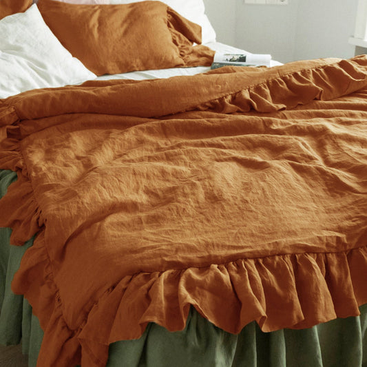 Ruffled Washed Linen Bedding Set | 4-Piece Duvet Cover Set - Pistachio
