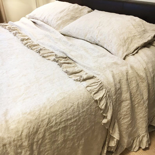 Ruffled Washed Linen Bedding Set | 4-Piece Duvet Cover Set - Milk White