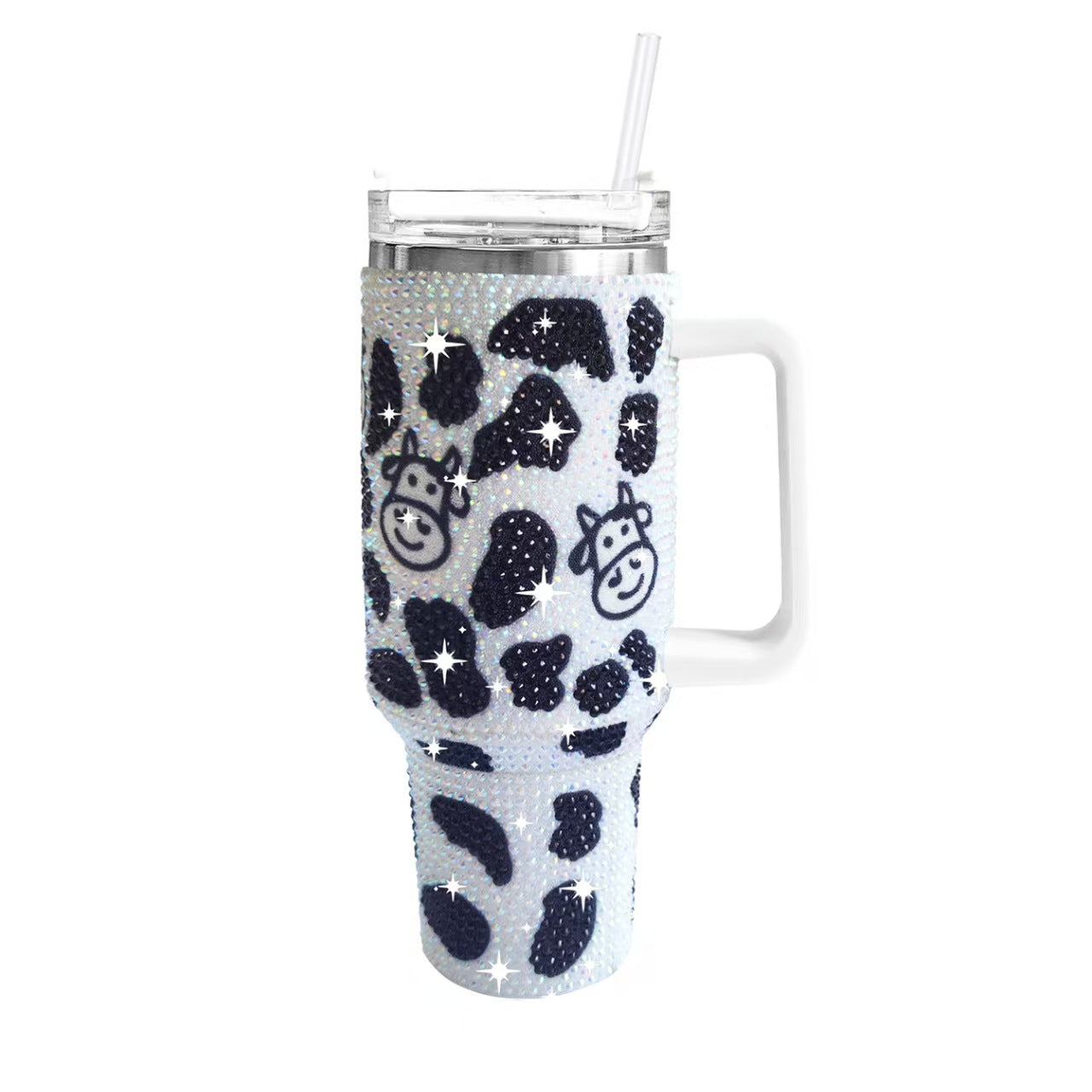 40oz Cow Print Rhinestone Tumbler With Handle Stainless Steel Insulated Travel Mug Large Capacity Sparkle Cup