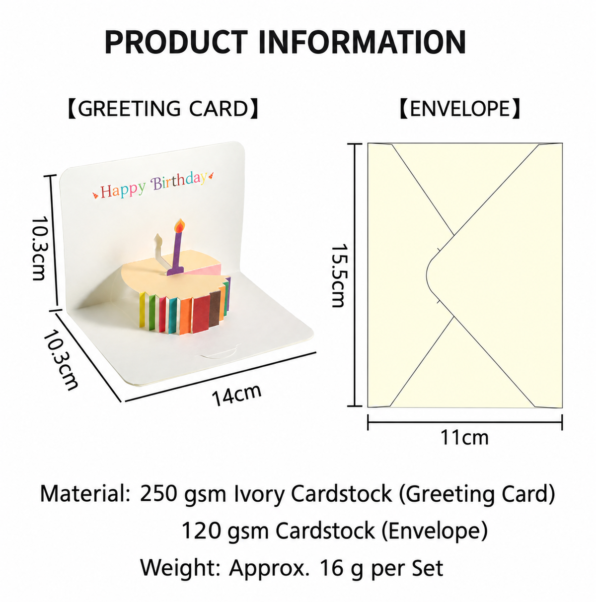 3D Pop-Up Birthday Card with Envelope, Colorful Cake Greeting Card