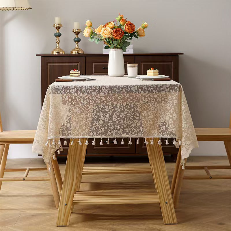 French Floral Lace Tablecloth Tassel Rectangular Table Cover