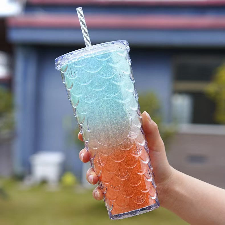 710ml Dual Tone Gradient Fish Scale Water Cup – Large Capacity AS Plastic Stylish Summer Tumbler
