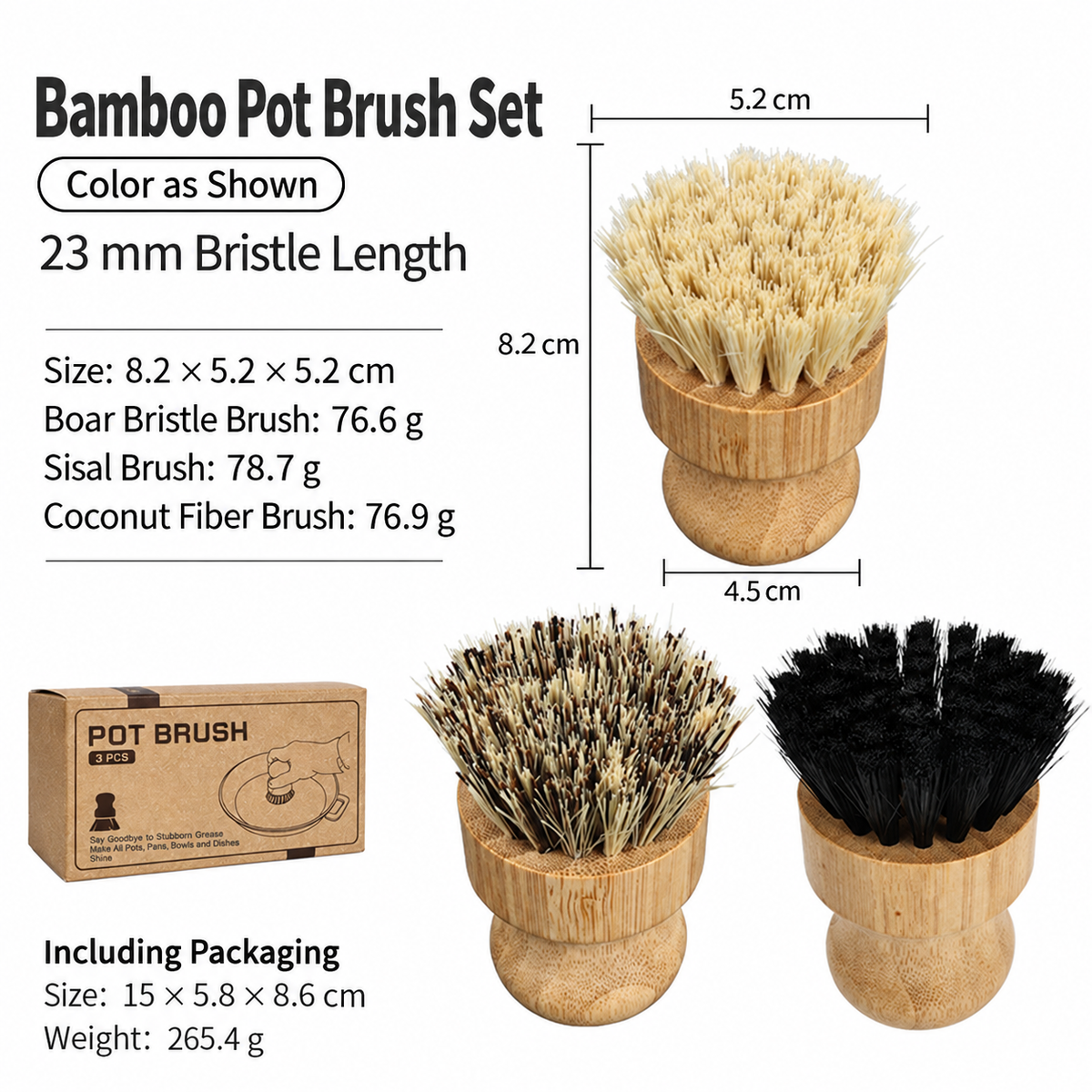 Bamboo Pot Brush Set of 3, Boar Bristle, Sisal and Coconut Fiber Kitchen Scrub Brushes for Pots, Pans and Dishes, Boxed Cleaning Set