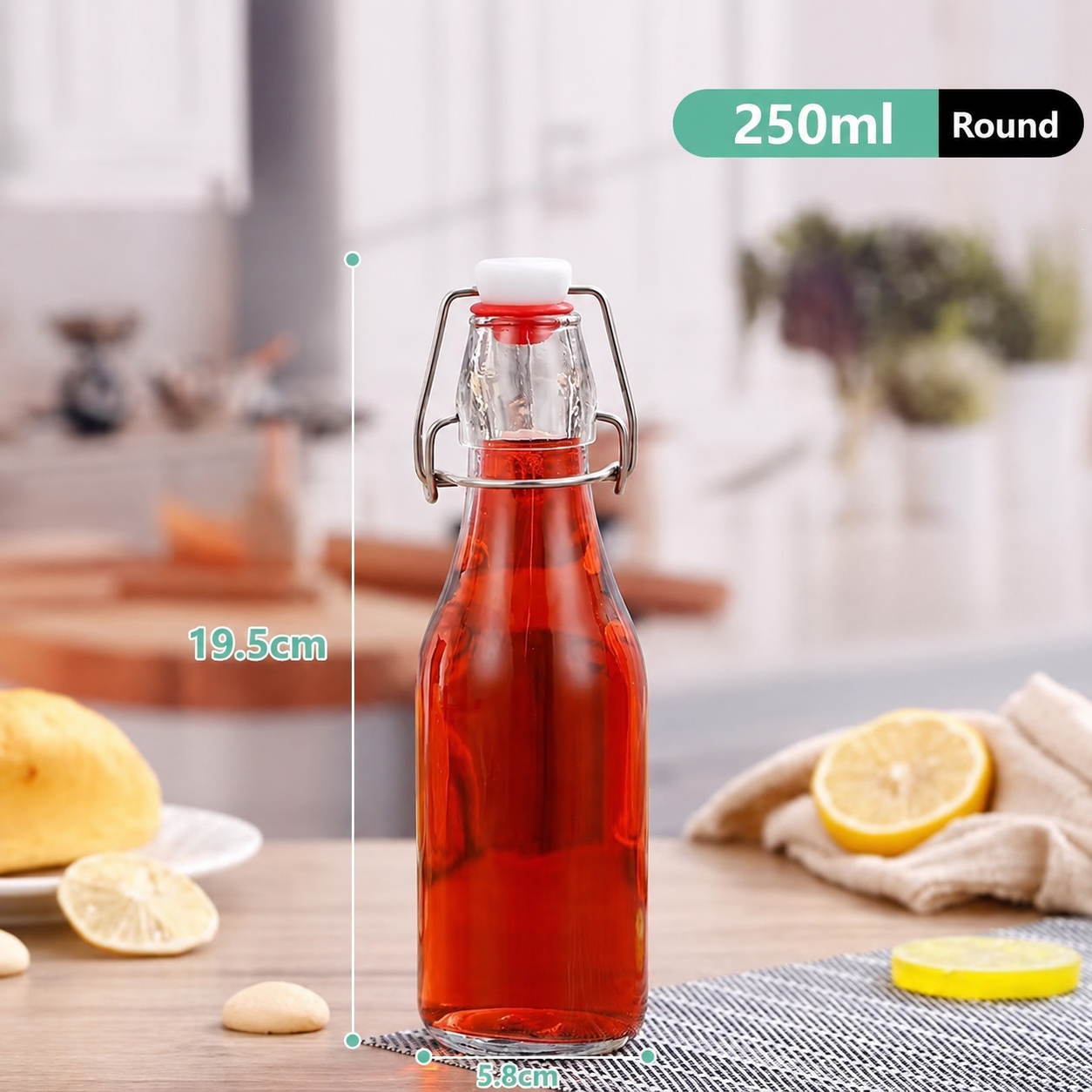 Round Swing Top Glass Bottle, Flip Clip Airtight Glass Beverage Storage Bottle