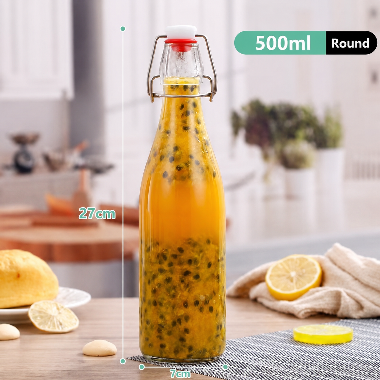 Round Swing Top Glass Bottle, Flip Clip Airtight Glass Beverage Storage Bottle