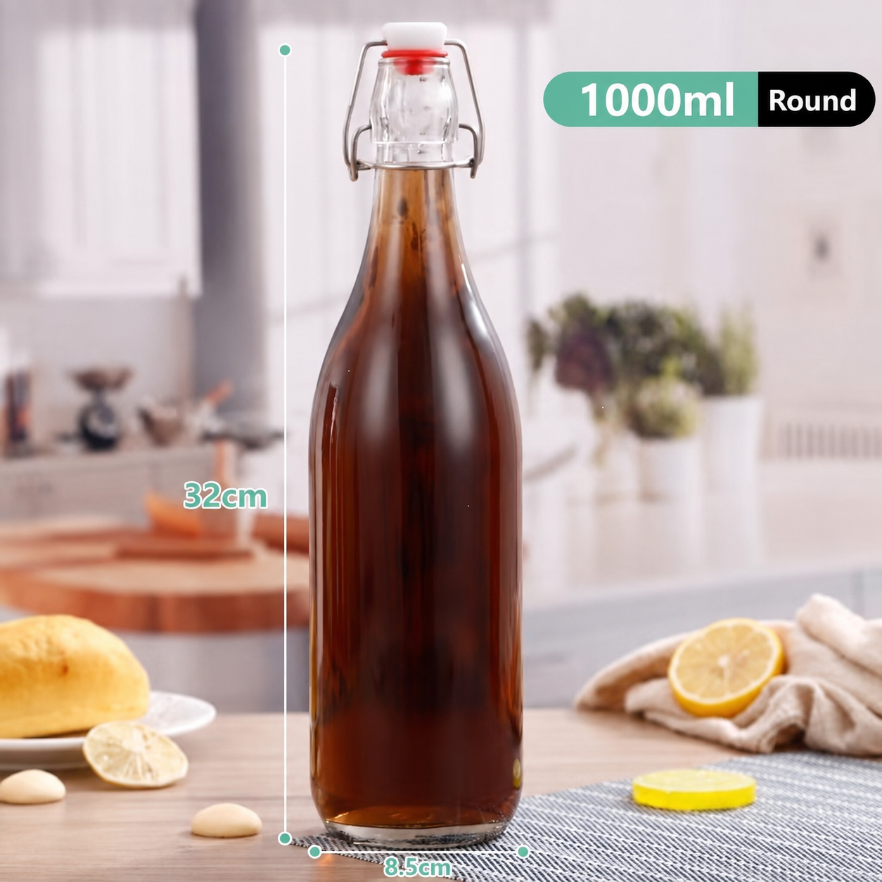 Round Swing Top Glass Bottle, Flip Clip Airtight Glass Beverage Storage Bottle