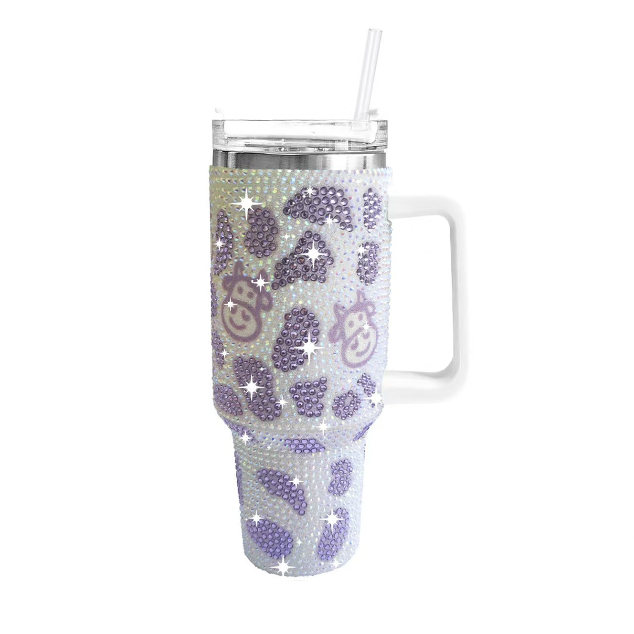 40oz Cow Print Rhinestone Tumbler With Handle Stainless Steel Insulated Travel Mug Large Capacity Sparkle Cup