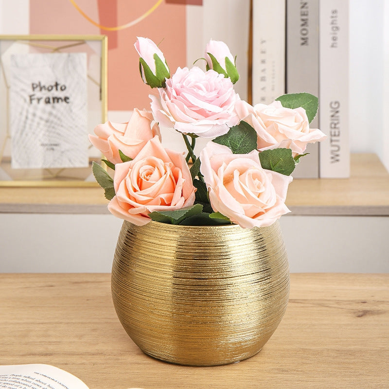 Luxury Gold Striped Ceramic Flower Pot