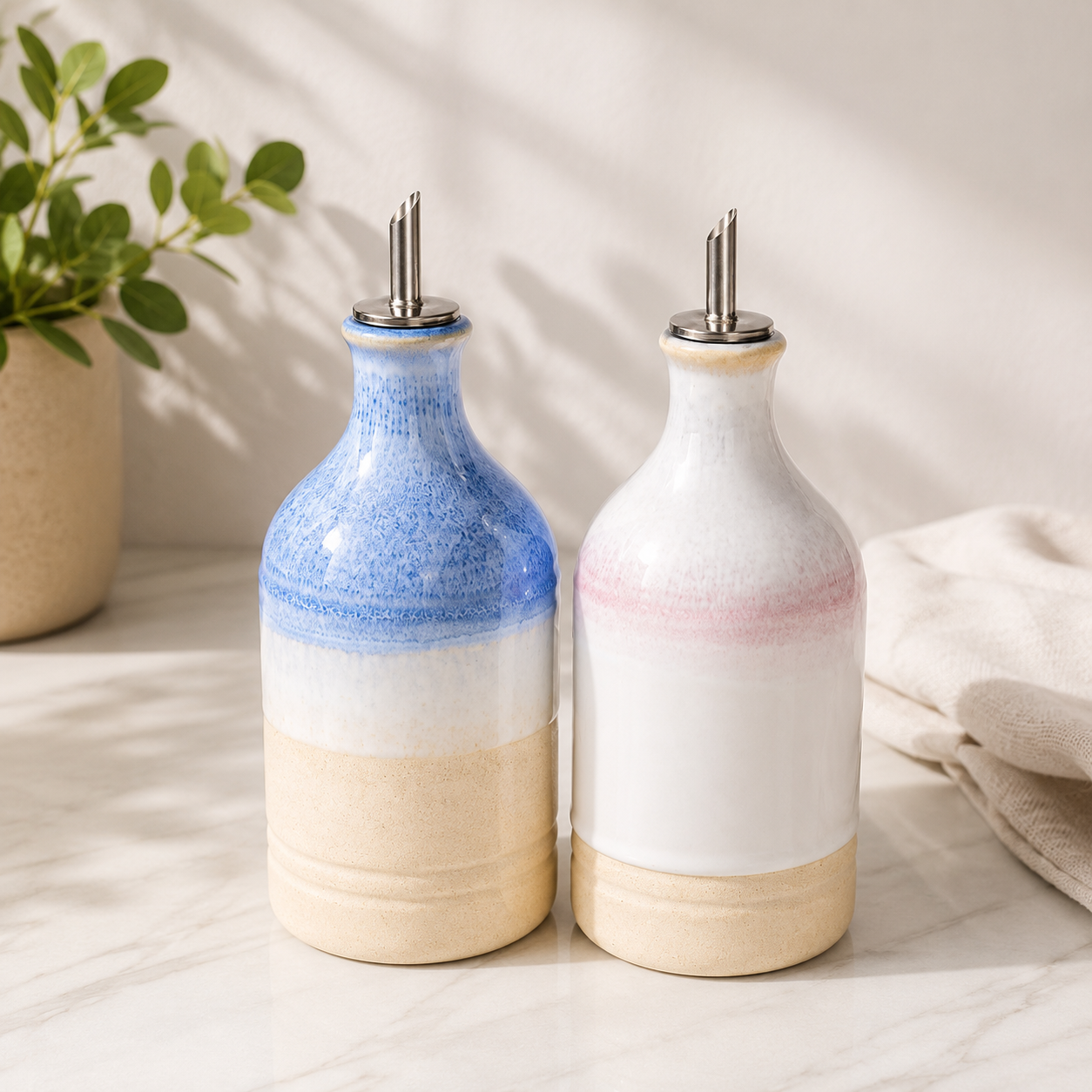 Wabi-Sabi Ceramic Oil Dispenser – Automatic Pour Olive Oil & Vinegar Bottle