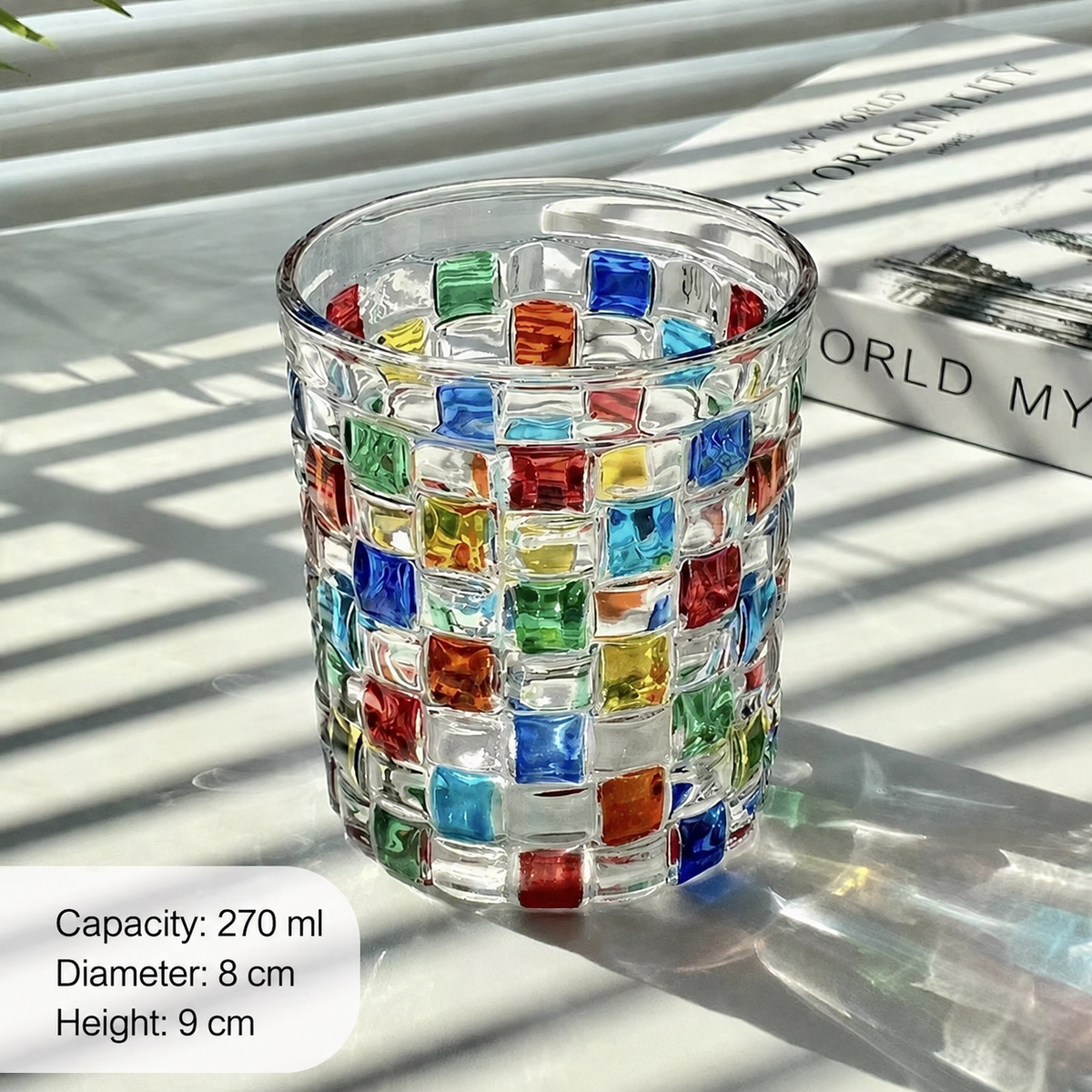Colorful Mosaic Juice,  Whiskey Glass, 270ml Hand-Painted Style Checkered Drinking Tumbler