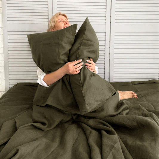 Premium Washed Linen 4-Piece Bedding Set | Forest Green