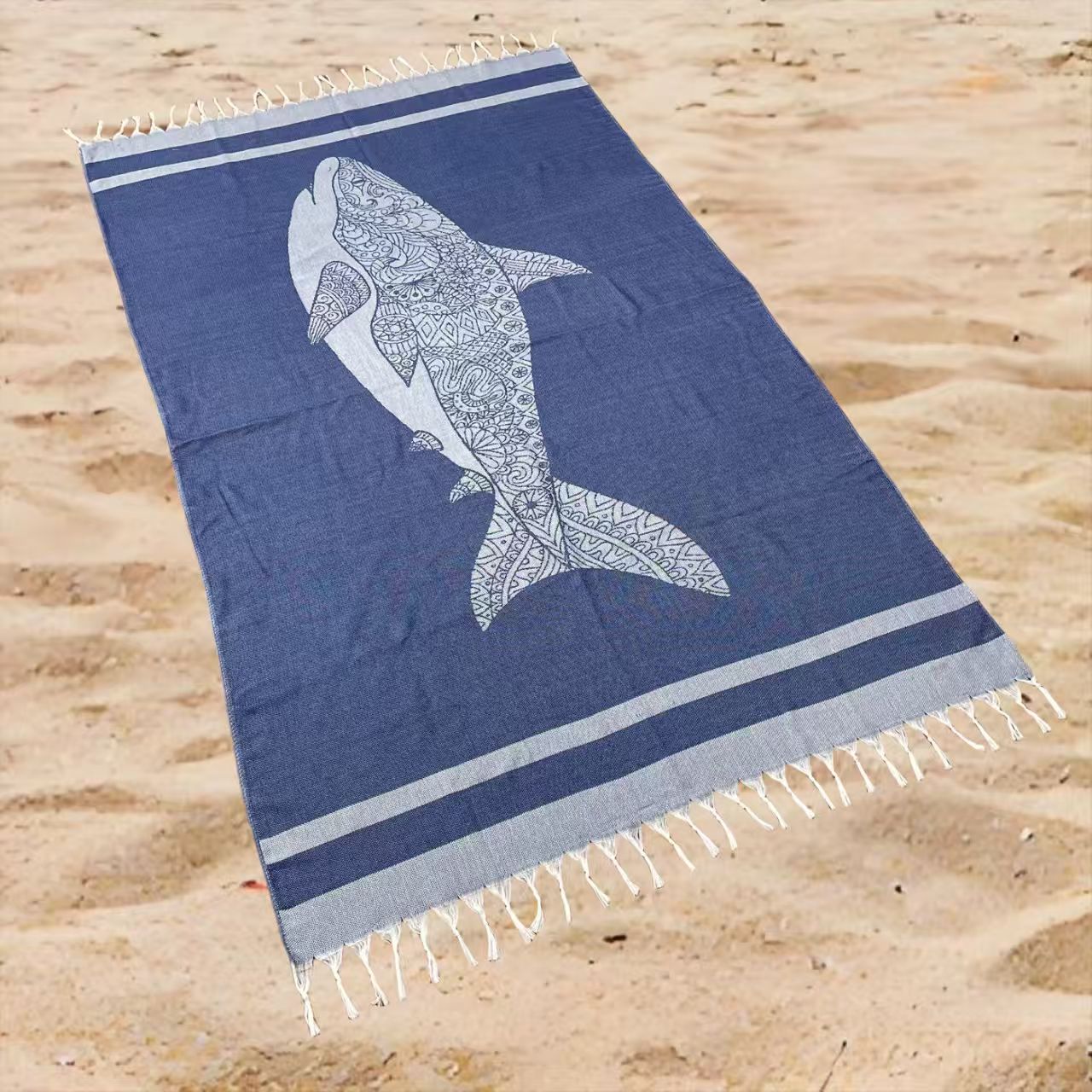 Ocean Shark Print Beach Towel Oversized Rectangular Quick-Dry Absorbent Shawl Summer Swim Travel Wrap with Tassel Edges