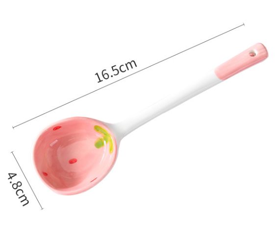 Cute Strawberry Ceramic Soup Spoon – Long Handle Japanese Style Spoon for Soup, Rice, Desserts & Everyday Dining