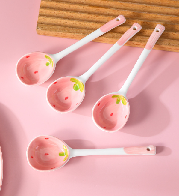 Cute Strawberry Ceramic Soup Spoon – Long Handle Japanese Style Spoon for Soup, Rice, Desserts & Everyday Dining