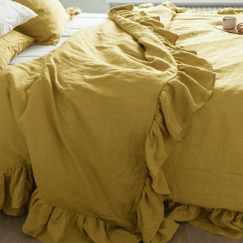 Ruffled Washed Linen Bedding Set | 4-Piece Duvet Cover Set - Rust