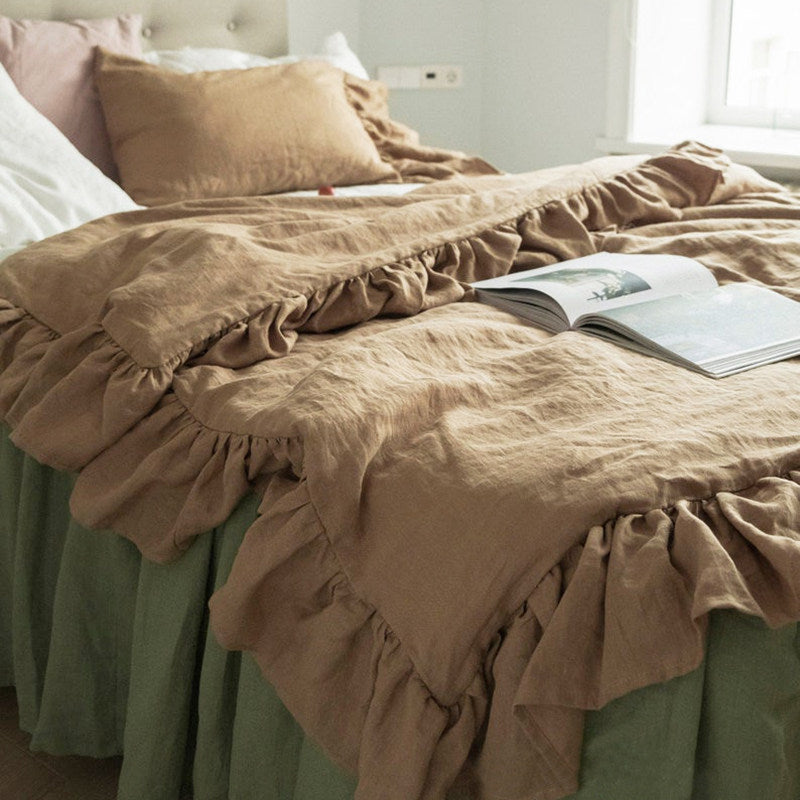 Ruffled Washed Linen Bedding Set | 4-Piece Duvet Cover Set - Rust