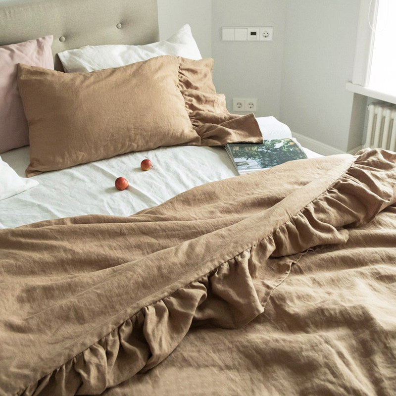 Ruffled Washed Linen Bedding Set | 4-Piece Duvet Cover Set - Rust