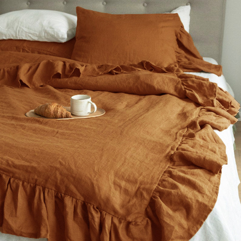Ruffled Washed Linen Bedding Set | 4-Piece Duvet Cover Set - Rust