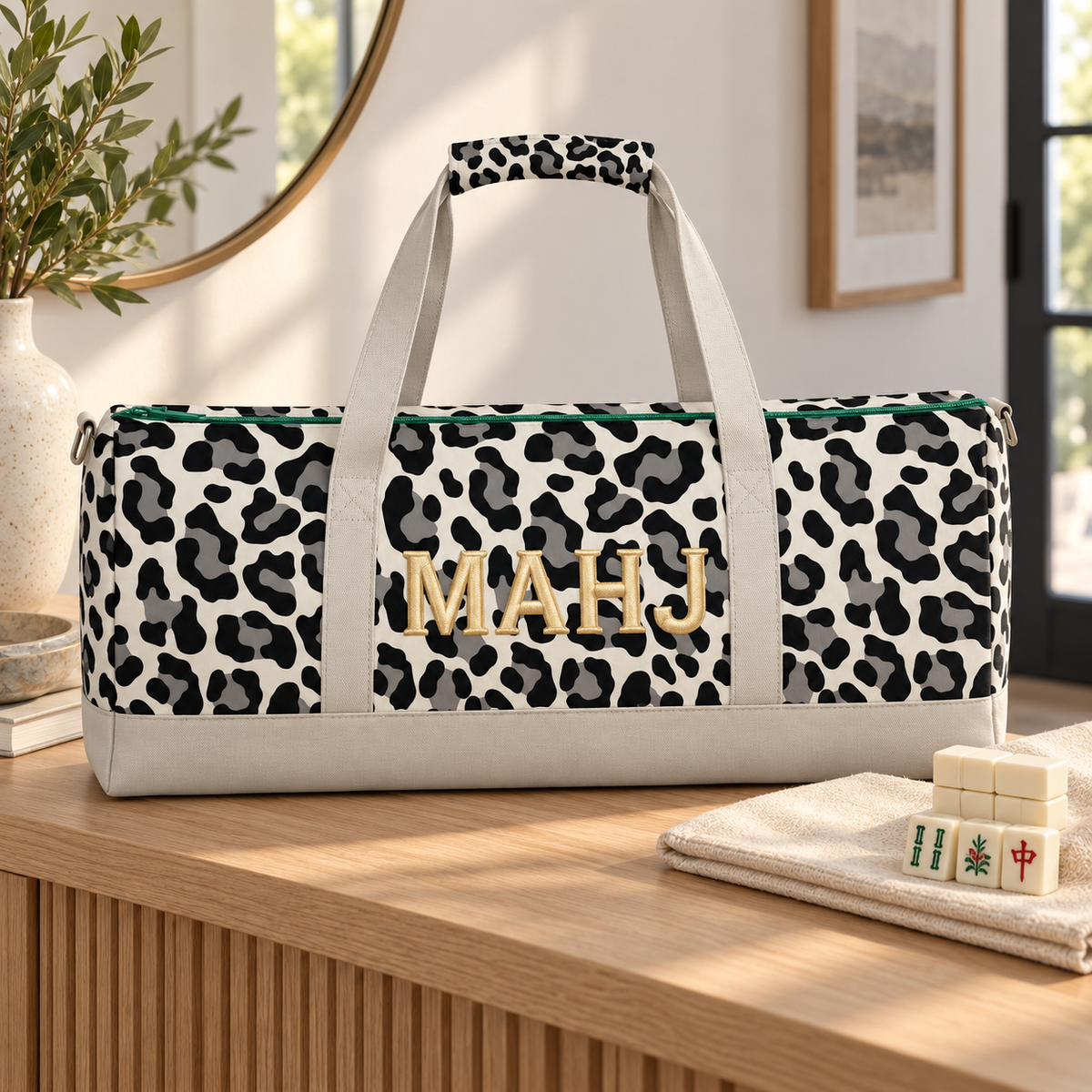 Premium Leopard Mahjong Organizer Bag – Large Canvas Carrying Tote with Zipper