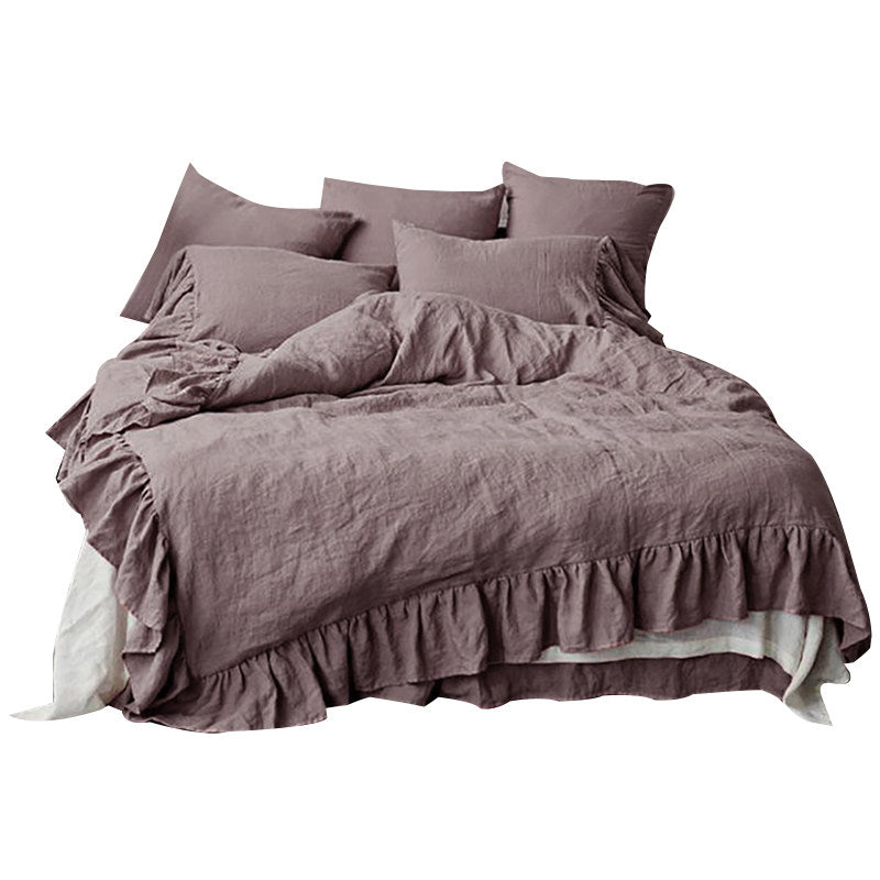 Ruffled Washed Linen Bedding Set | 4-Piece Duvet Cover Set - Rust