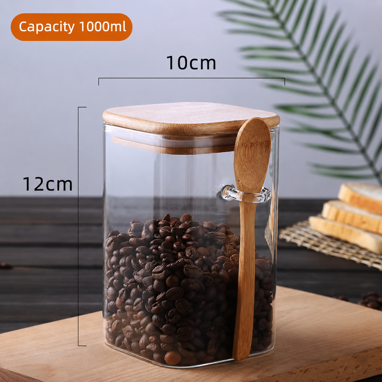 Glass Storage Jar with Bamboo Lid – High Borosilicate Spice Container with Scoop