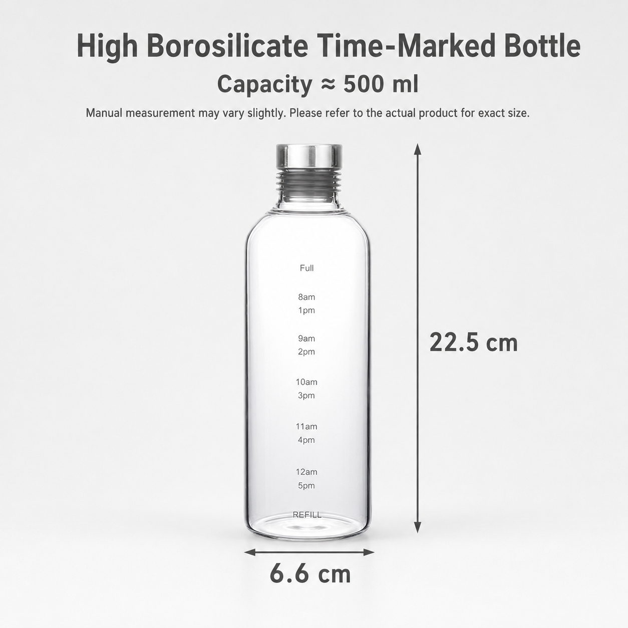 High Borosilicate Glass Water Bottle With Time Markings – Airtight Leakproof Clear Glass Drinks Bottle