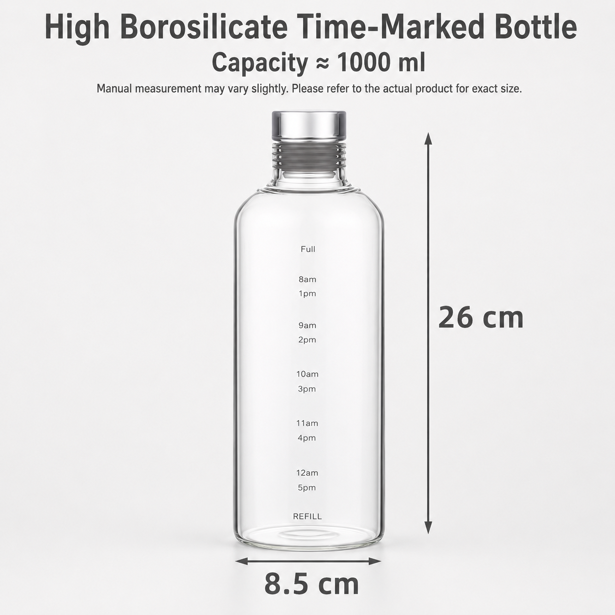 High Borosilicate Glass Water Bottle With Time Markings – Airtight Leakproof Clear Glass Drinks Bottle